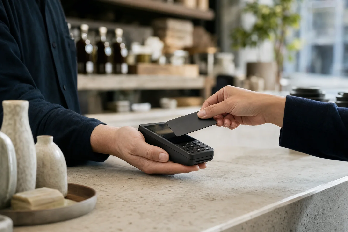 A customer making a contactless payment in a shop